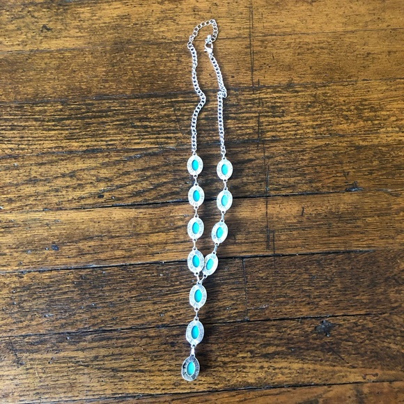 ⭐️ Western Boho Lariat Y Shape Silver and Faux Turquoise Drop Necklace NWOT - Picture 13 of 13